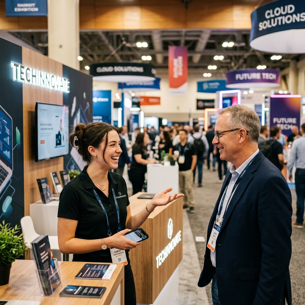Sales rep engaging with visitor at event booth